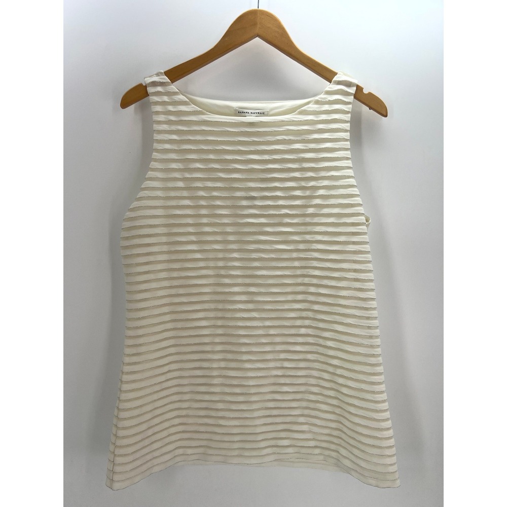 Banana Republic Women L Cream Metallic Ruffle Stripe Sleeveless Shell Tank Top